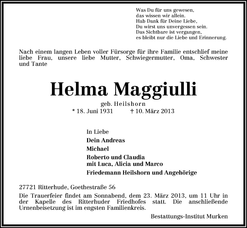 Traueranzeige von Helma Maggiulli von WESER-KURIER