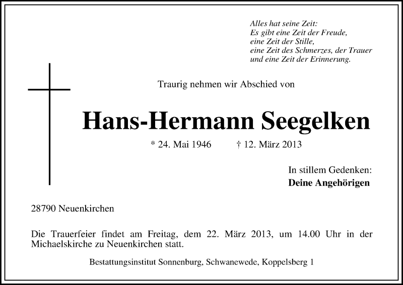 Traueranzeige von Hans-Hermann Seegelken von WESER-KURIER