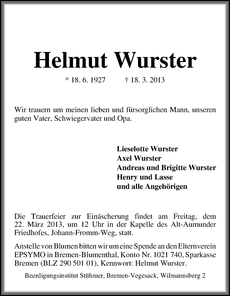  Traueranzeige für Helmut Wurster vom 20.03.2013 aus WESER-KURIER