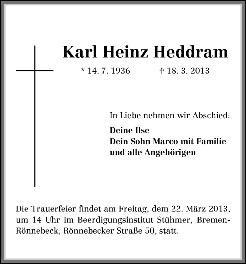  Traueranzeige für Karl Heinz Heddram vom 20.03.2013 aus WESER-KURIER
