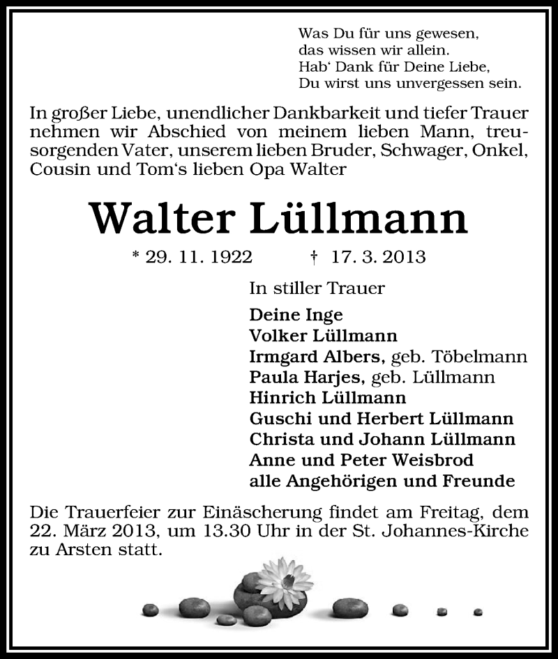 Traueranzeige von Walter Lüllmann von WESER-KURIER