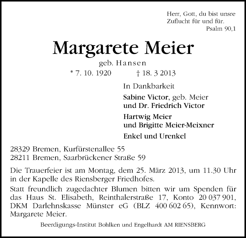  Traueranzeige für Margarete Meier vom 20.03.2013 aus WESER-KURIER