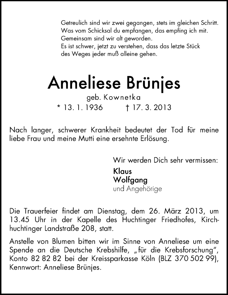 Traueranzeige von Anneliese Brünjes von WESER-KURIER