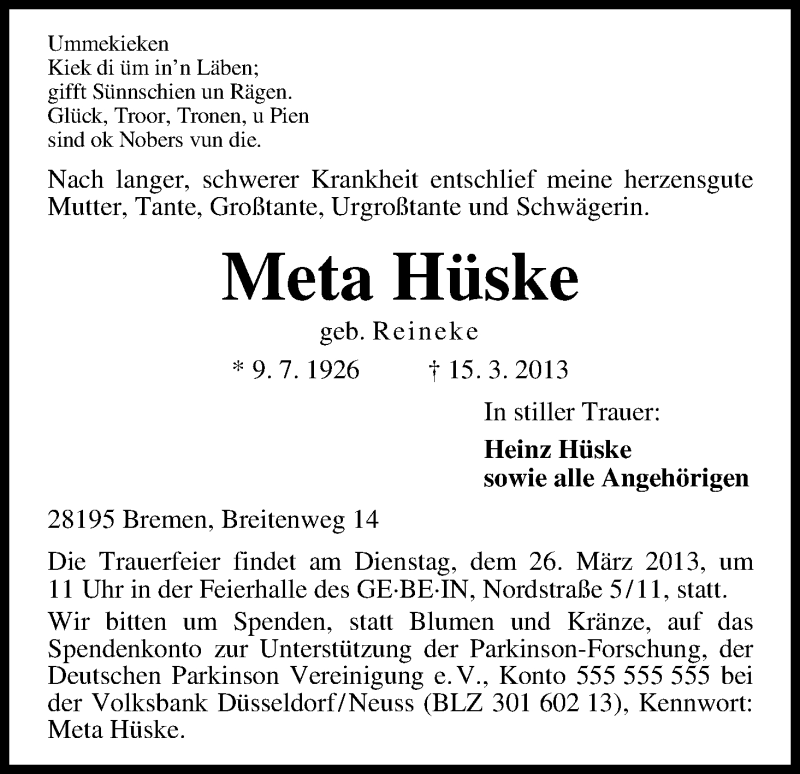 Traueranzeige von Meta Hüske von WESER-KURIER