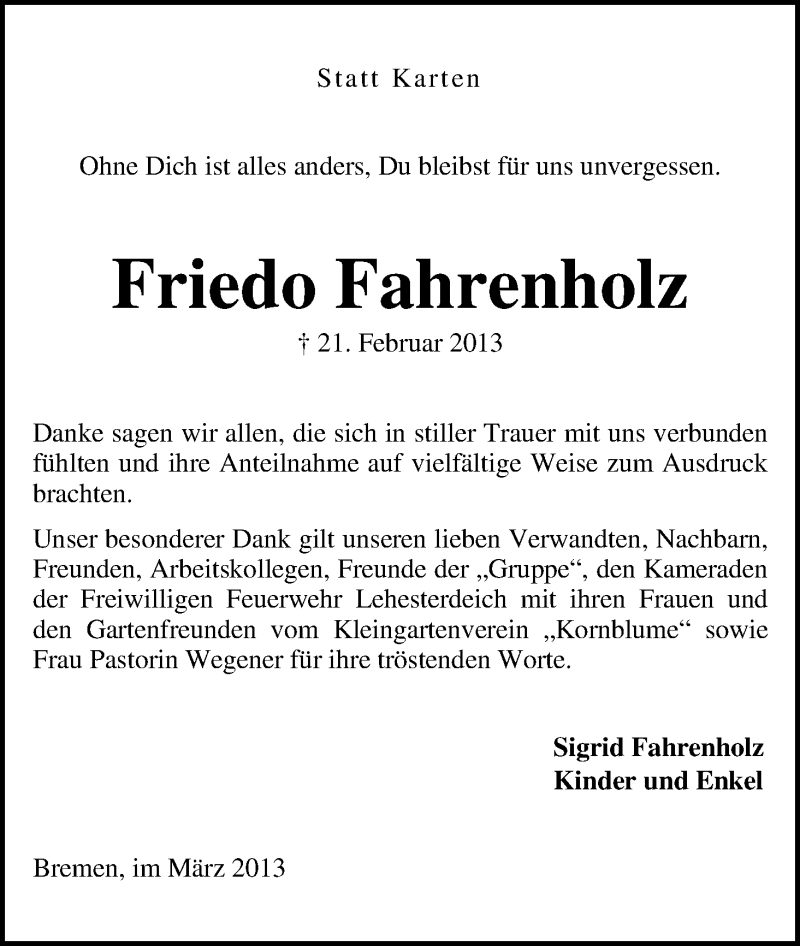 Traueranzeige von Friedo Fahrenholz von WESER-KURIER