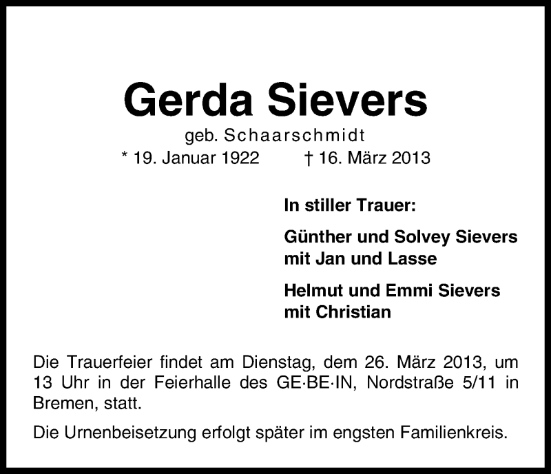 Traueranzeige von Gerda Sievers von WESER-KURIER