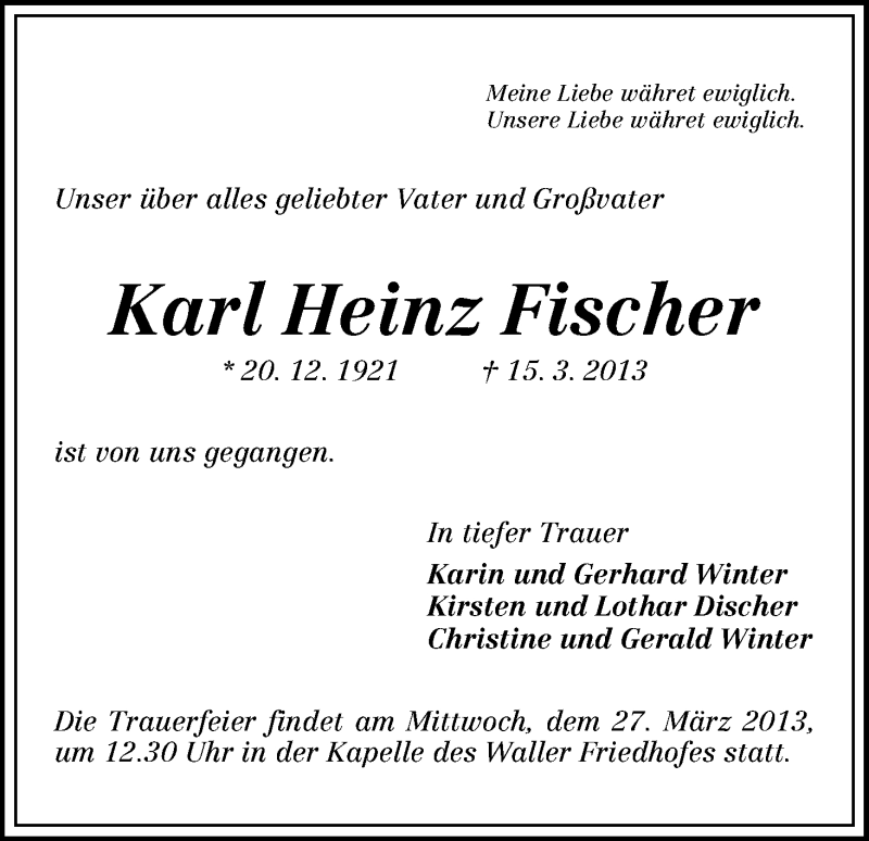 Traueranzeige von Karl Heinz Fischer von WESER-KURIER