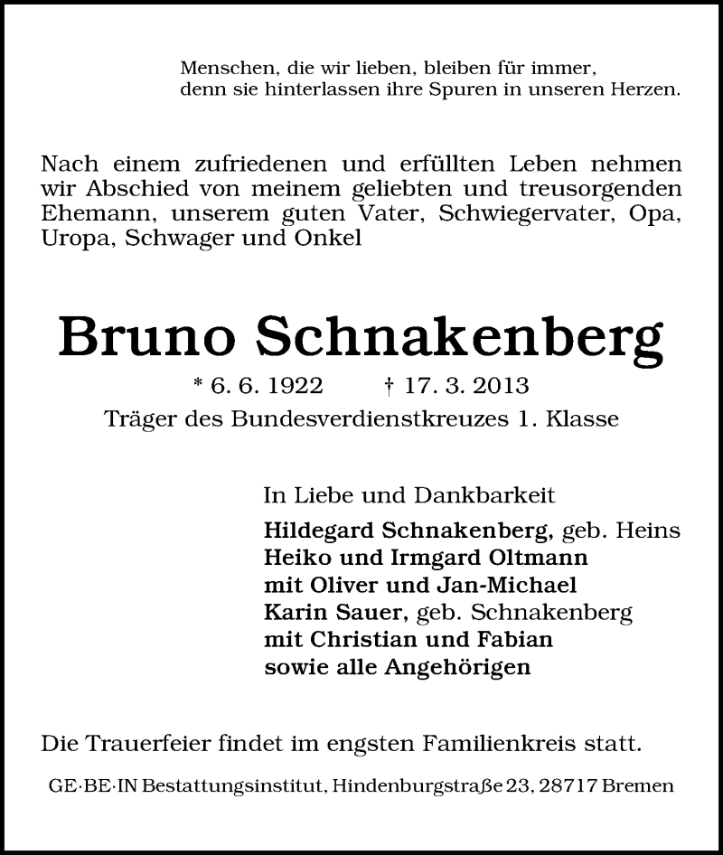  Traueranzeige für Bruno Schnakenberg vom 23.03.2013 aus WESER-KURIER