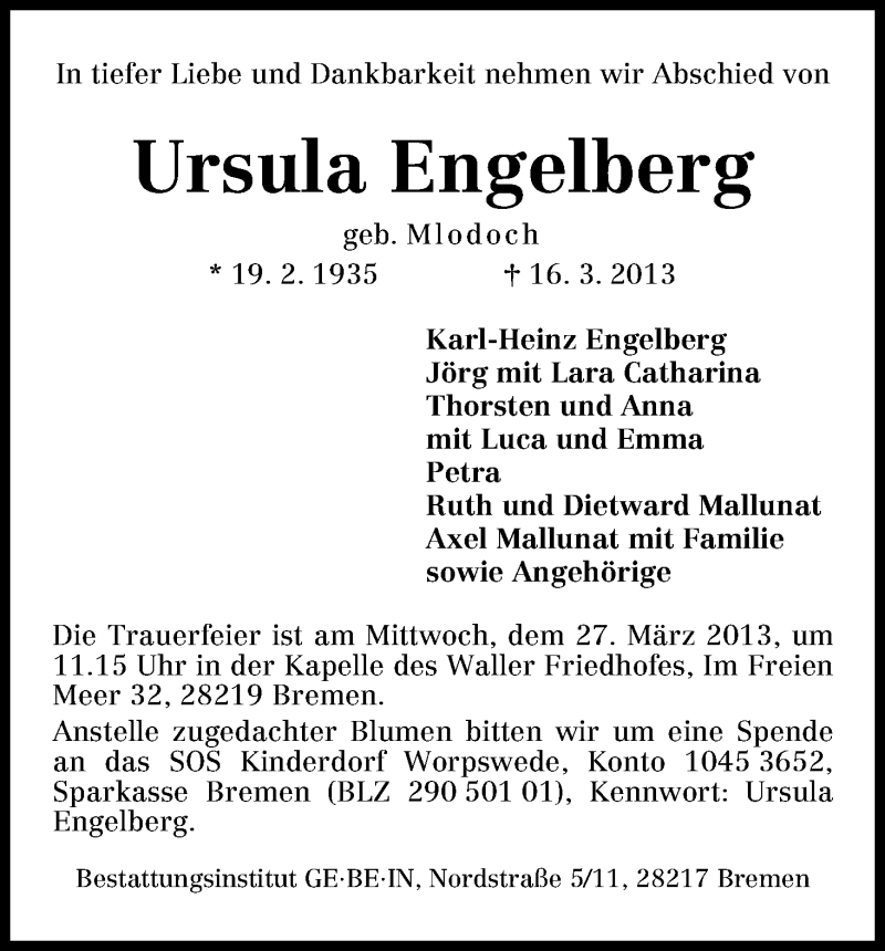 Traueranzeige von Ursula Engelberg von WESER-KURIER
