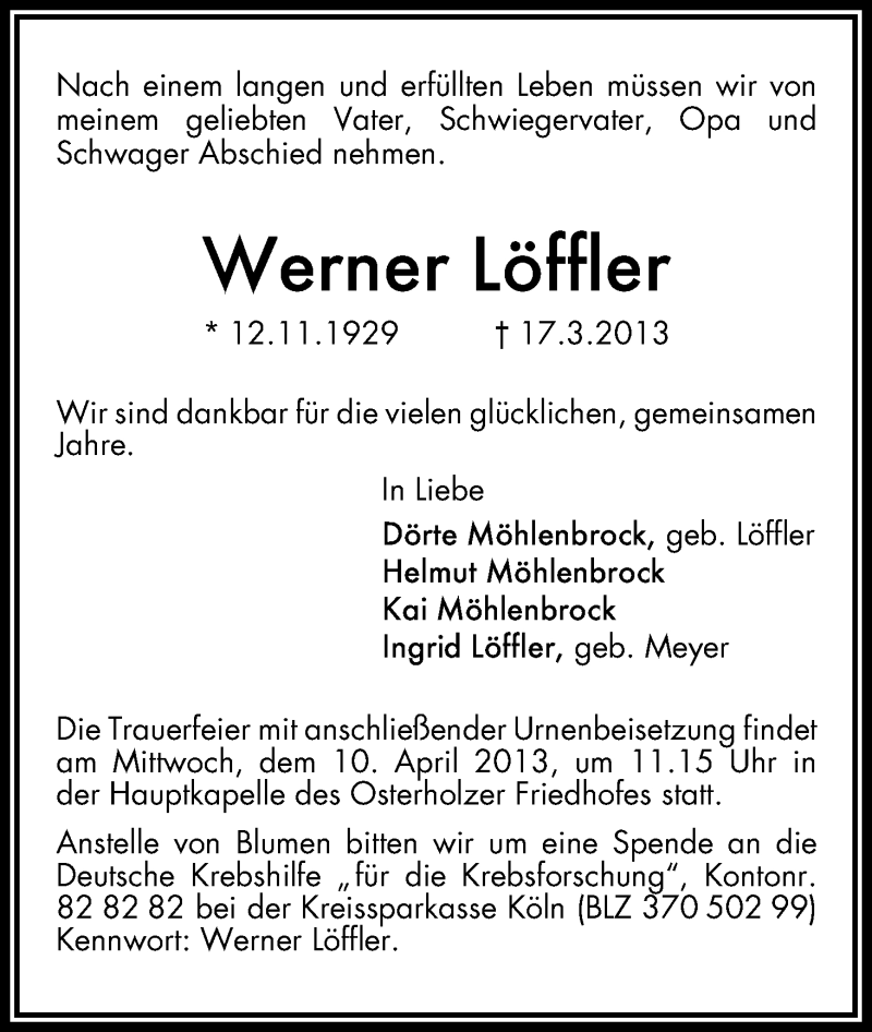 Traueranzeige von Werner Löffler von WESER-KURIER
