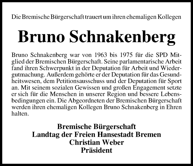  Traueranzeige für Bruno Schnakenberg vom 23.03.2013 aus WESER-KURIER