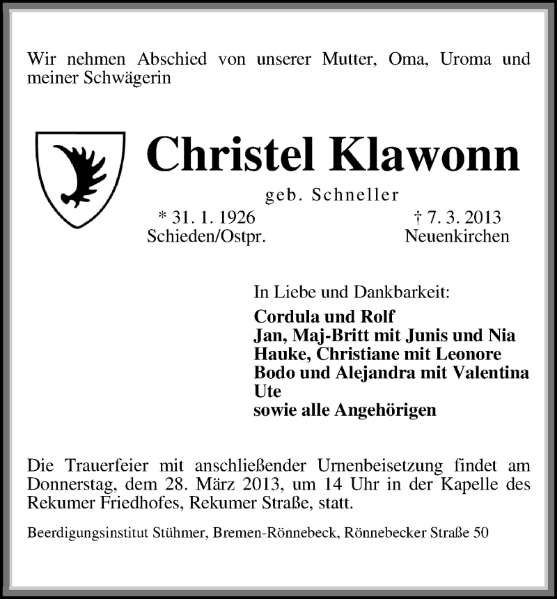 Traueranzeige von Christel Klawonn von WESER-KURIER