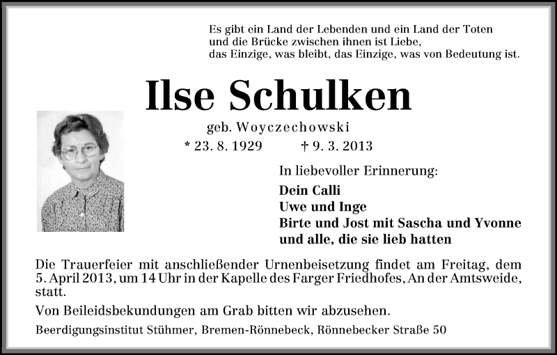 Traueranzeige von Ilse Schulken von WESER-KURIER