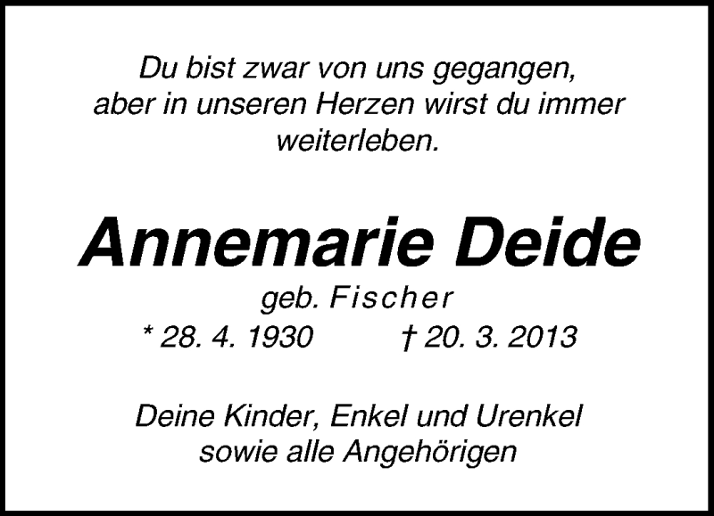 Traueranzeige von Annemarie Deide von WESER-KURIER