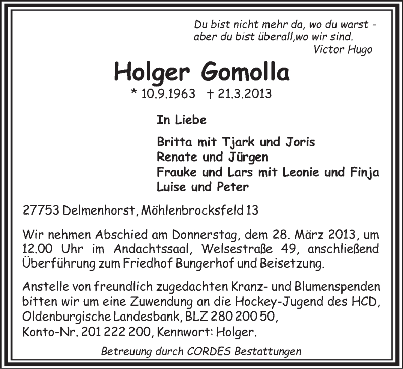Traueranzeige von Holger Gomolla von WESER-KURIER
