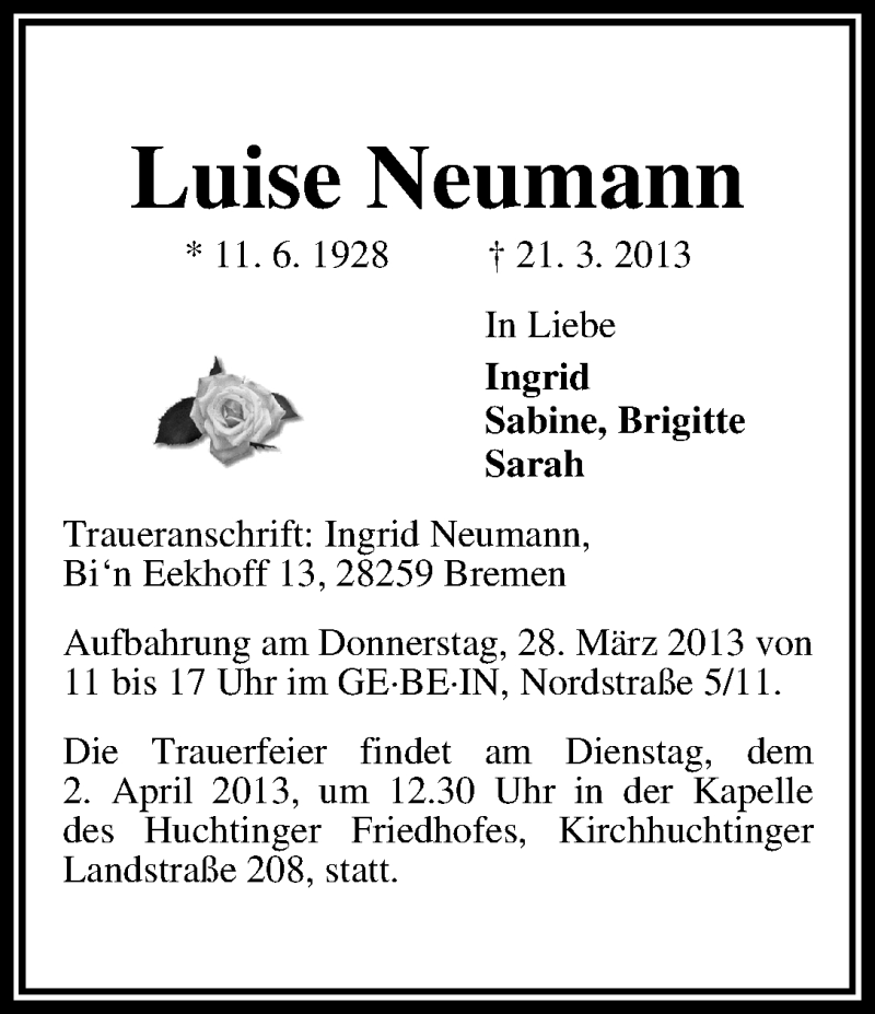 Traueranzeige von Luise Neumann von WESER-KURIER
