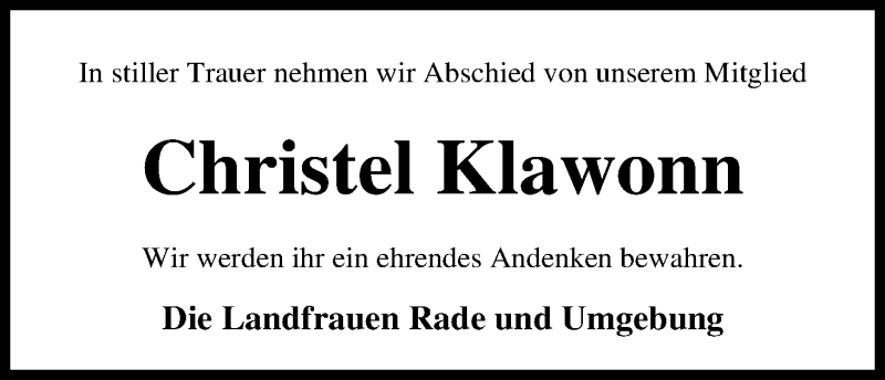 Traueranzeige von Christel Klawonn von WESER-KURIER