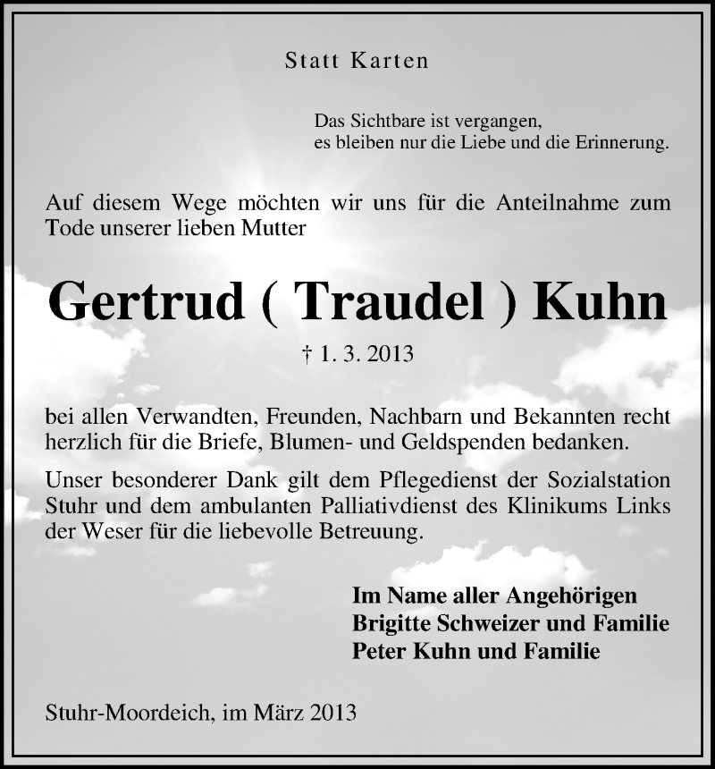  Traueranzeige für Gertrud Kuhn vom 27.03.2013 aus WESER-KURIER