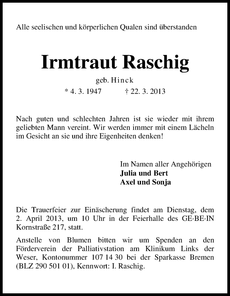 Traueranzeige von Irmtraut Raschig von WESER-KURIER