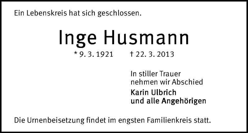 Traueranzeige von Inge Husmann von WESER-KURIER