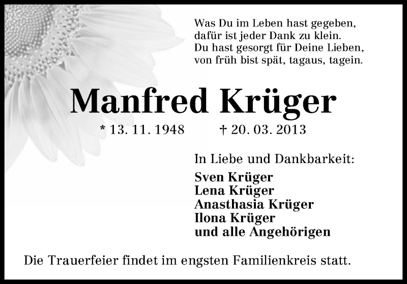  Traueranzeige für Manfred Krüger vom 30.03.2013 aus WESER-KURIER