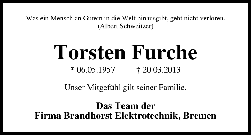  Traueranzeige für Torsten Furche vom 27.03.2013 aus WESER-KURIER