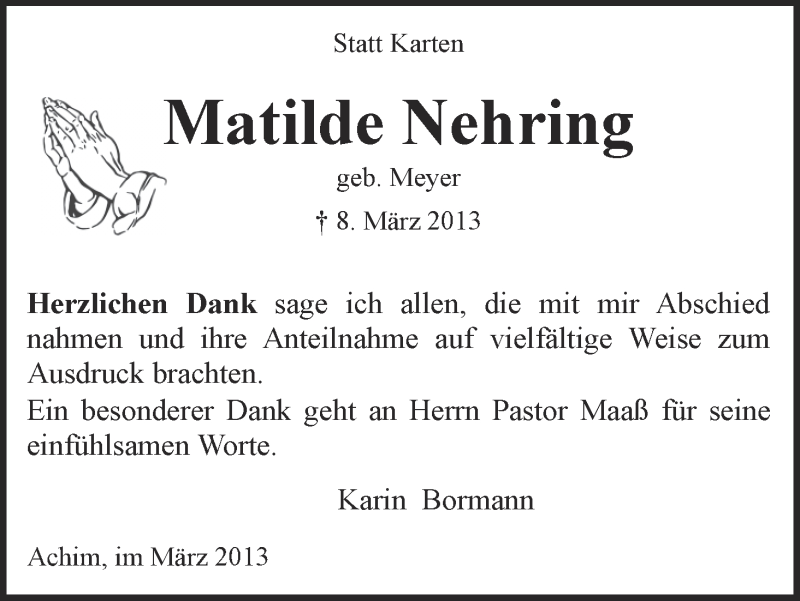 Traueranzeige von Matilde Nehring von WESER-KURIER