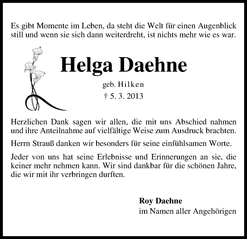 Traueranzeige von Helga Daehne von WESER-KURIER
