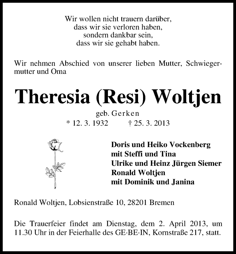 Traueranzeige von Theresia Woltjen von WESER-KURIER