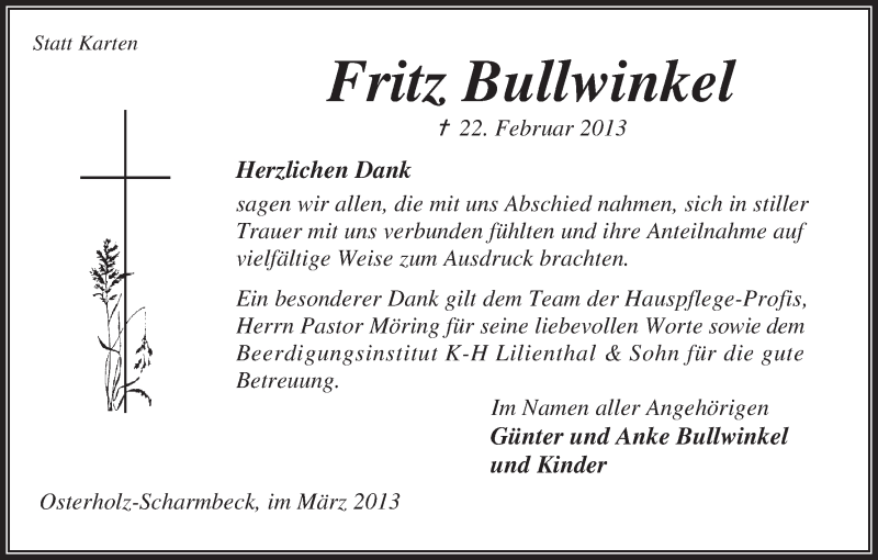 Traueranzeige von Fritz Bullwinkel von WESER-KURIER