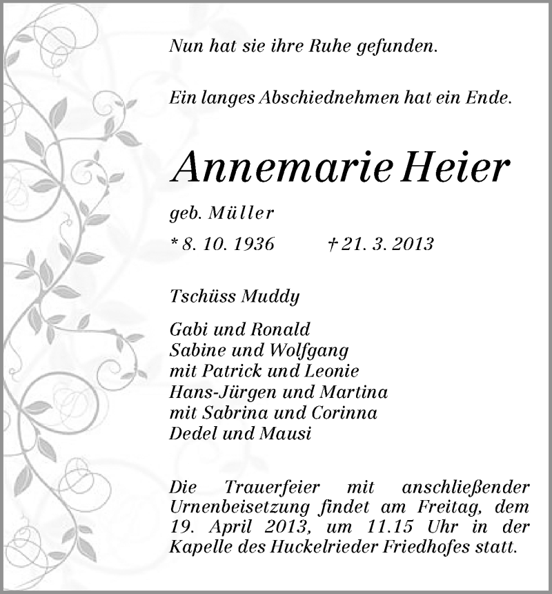 Traueranzeige von Annemarie Heier von WESER-KURIER