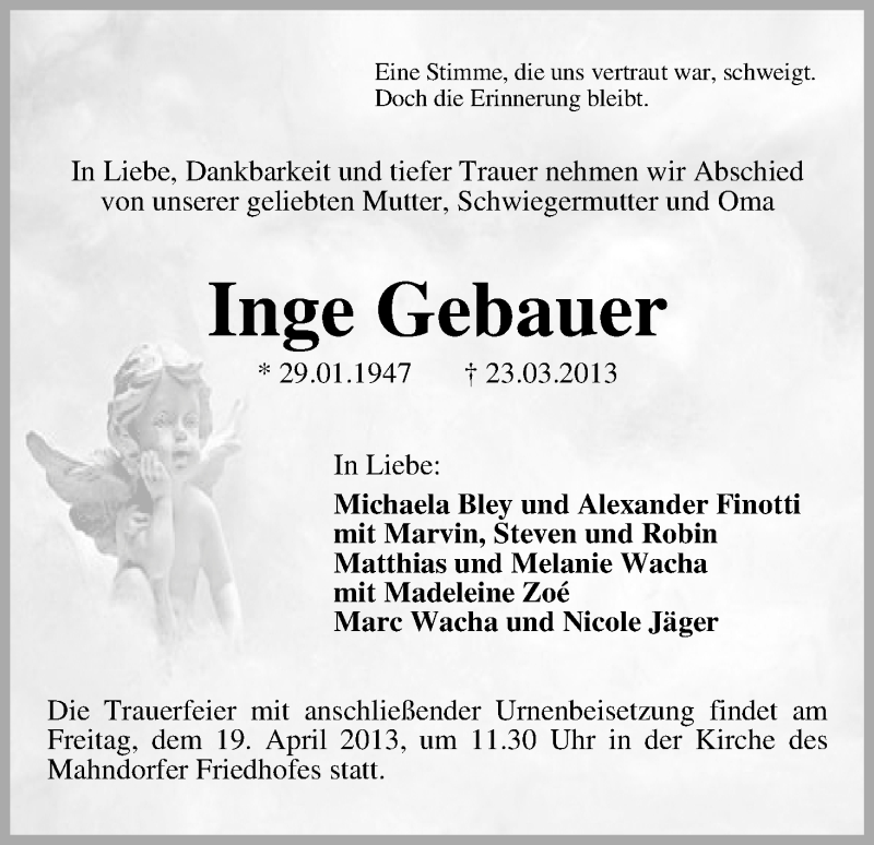  Traueranzeige für Inge Gebauer vom 06.04.2013 aus WESER-KURIER