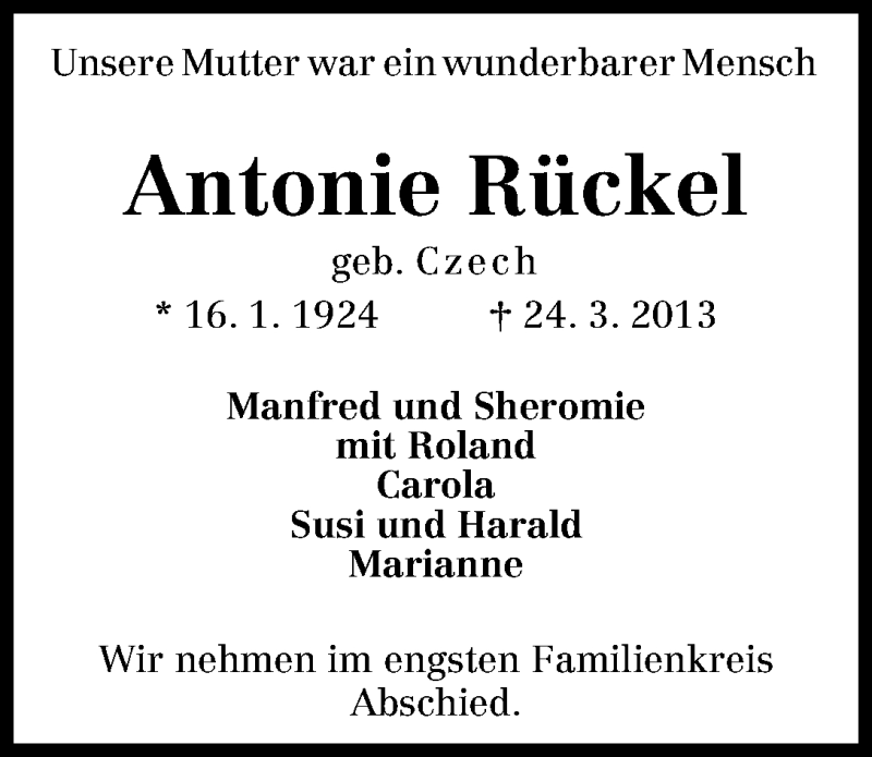 Traueranzeige von Antonie Rückel von WESER-KURIER