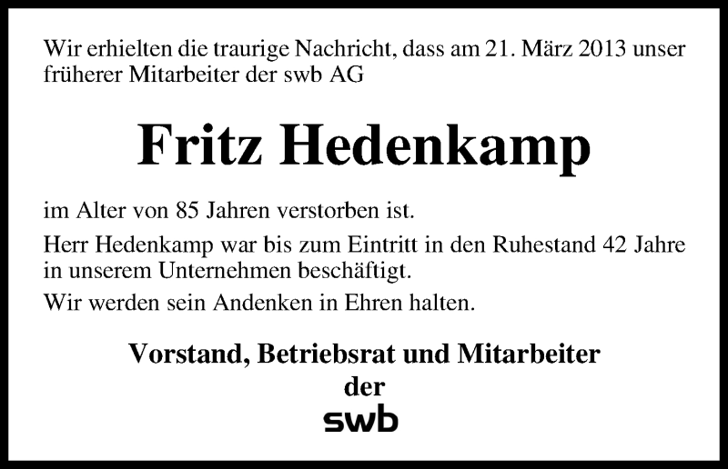 Traueranzeige von Fritz Hedenkamp von WESER-KURIER