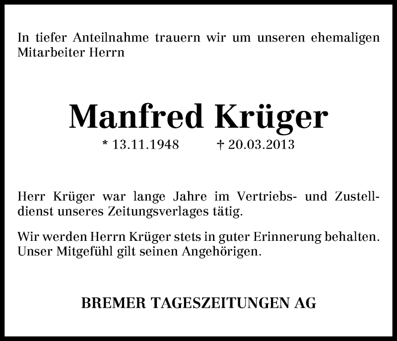  Traueranzeige für Manfred Krüger vom 30.03.2013 aus WESER-KURIER