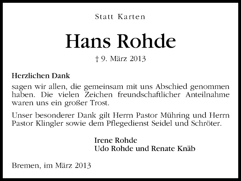 Traueranzeige von Hans Rohde von WESER-KURIER