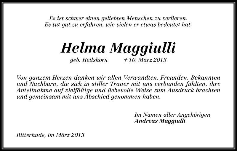 Traueranzeige von Helma Maggiulli von WESER-KURIER