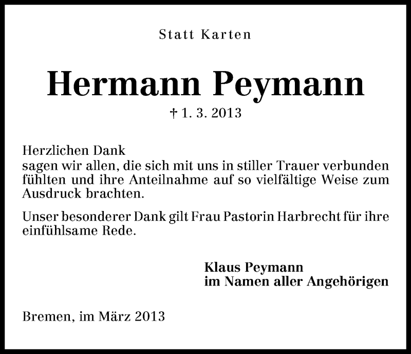 Traueranzeige von Hermann Peymann von WESER-KURIER