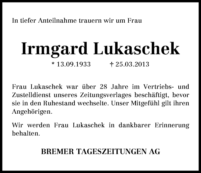  Traueranzeige für Irmgard Lukaschek vom 02.04.2013 aus WESER-KURIER