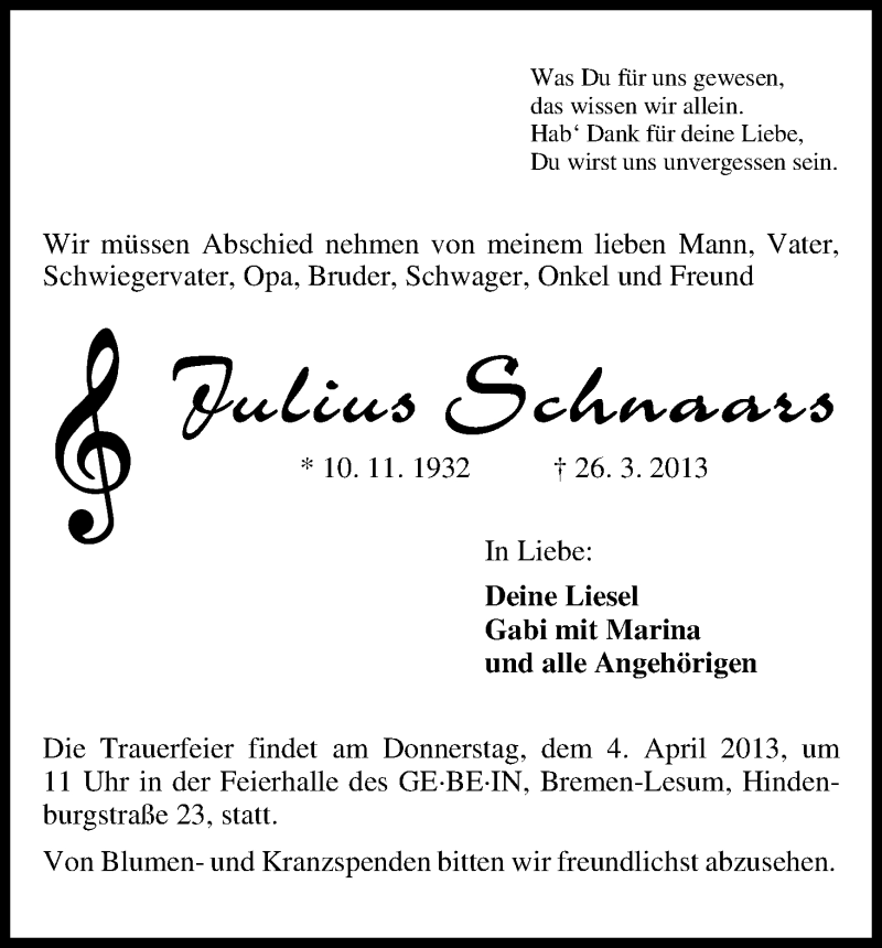 Traueranzeige von Julius Schnaars von WESER-KURIER