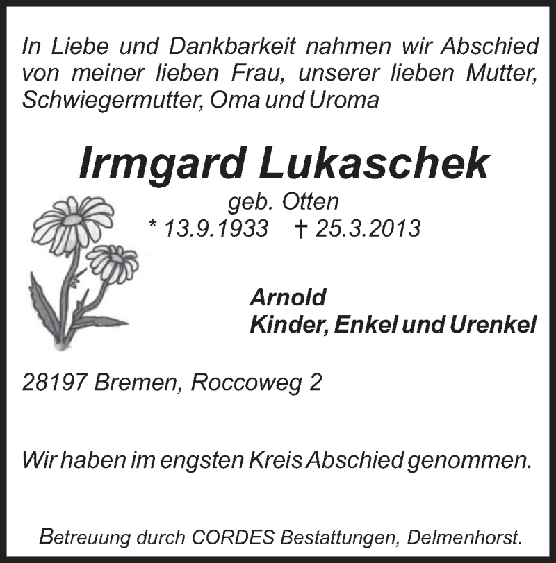  Traueranzeige für Irmgard Lukaschek vom 02.04.2013 aus WESER-KURIER