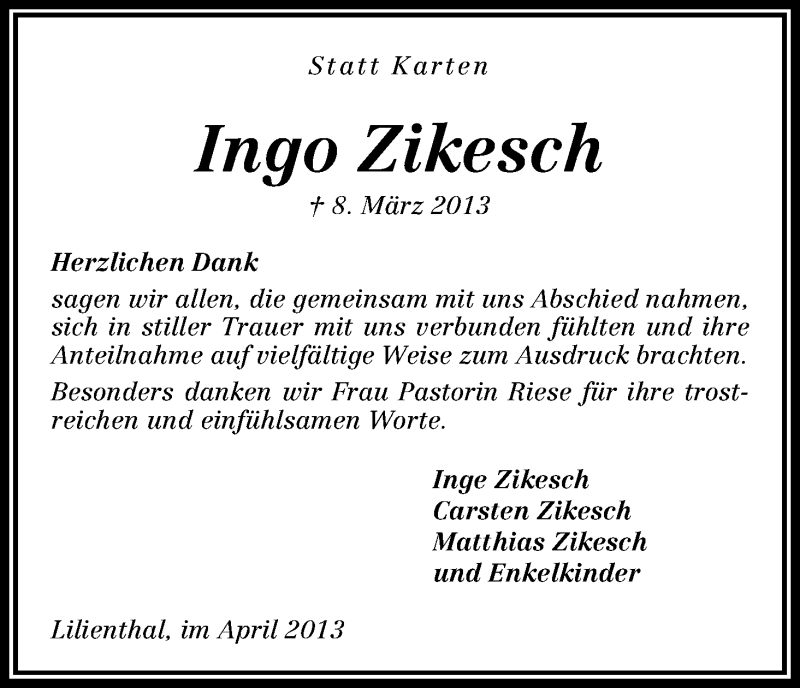 Traueranzeige von Ingo Zikesch von WESER-KURIER