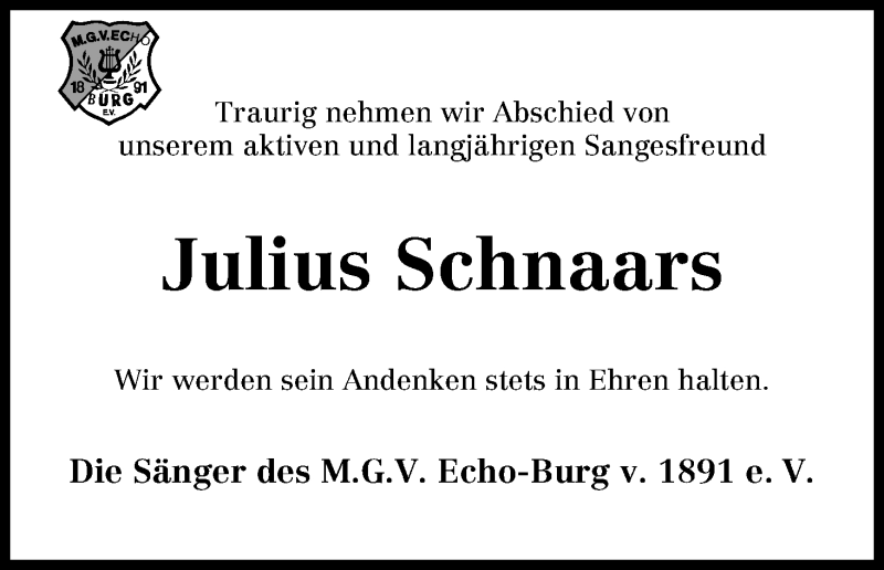 Traueranzeige von Julius Schnaars von WESER-KURIER