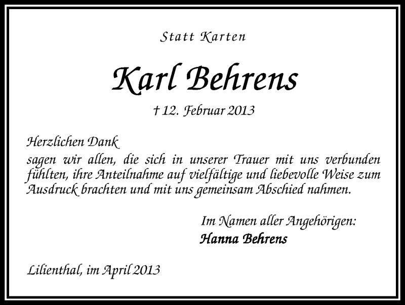  Traueranzeige für Karl Behrens vom 04.04.2013 aus WESER-KURIER