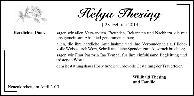 Traueranzeige von Helga Thiesing von WESER-KURIER