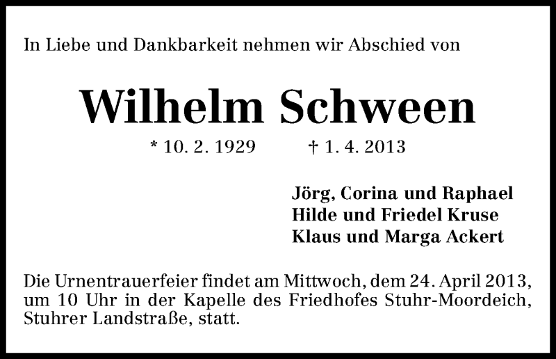Traueranzeige von Wilhelm Schween von WESER-KURIER