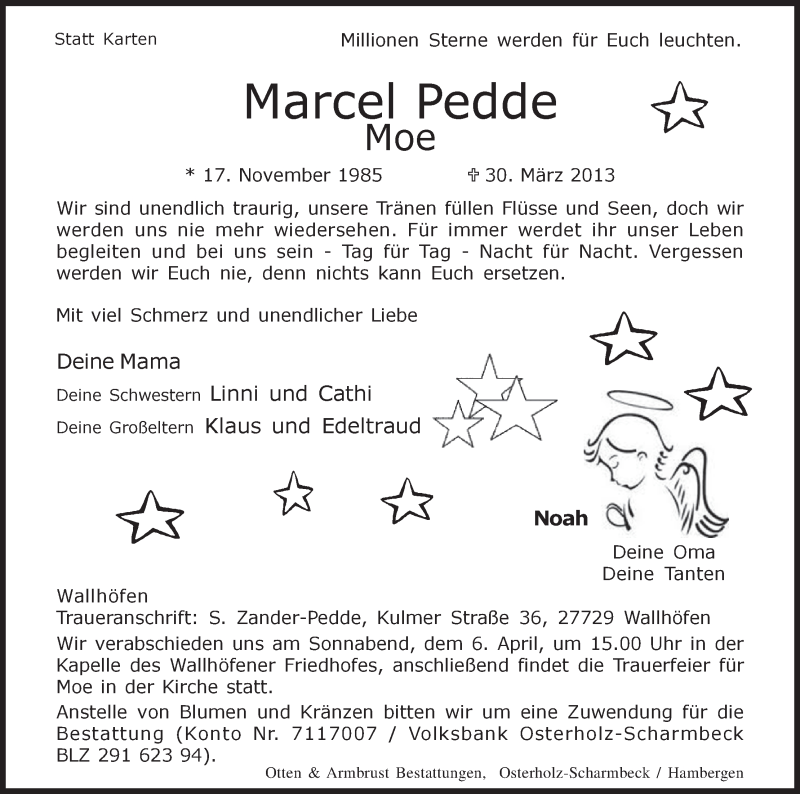  Traueranzeige für Marcel Pedde vom 04.04.2013 aus WESER-KURIER