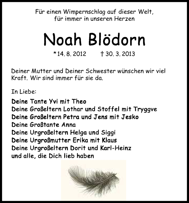  Traueranzeige für Noah Blödorn vom 04.04.2013 aus WESER-KURIER