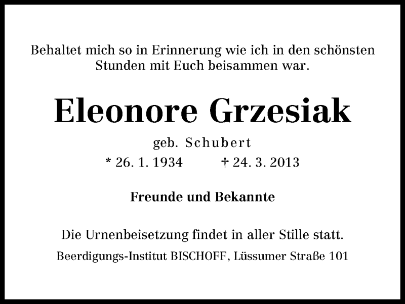  Traueranzeige für Eleonore Grzesiak (Greziak) vom 04.04.2013 aus WESER-KURIER