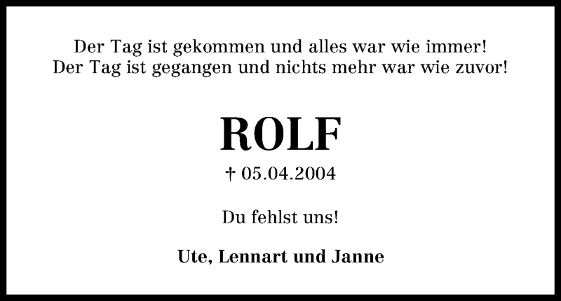  Traueranzeige für Rolf von Rahden vom 05.04.2013 aus WESER-KURIER